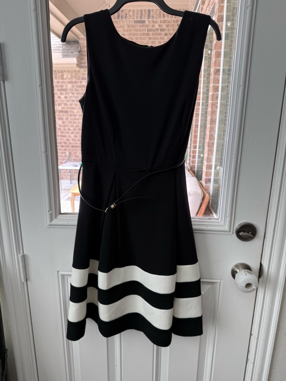 Calvin Klein Black Sleeveless Midi Dress with White Striped Hem